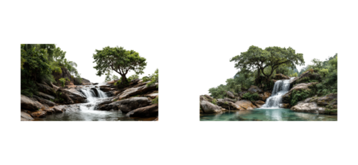 Waterfall adventure lush forest nature serene landscape wide angle tranquility cut out set png
