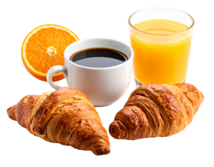 For breakfast, i have a croissant, coffee, orange juice, and jam.