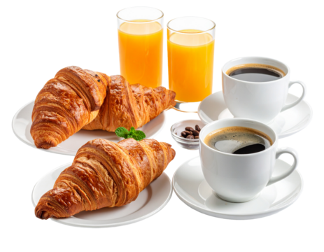 For breakfast, i have a croissant, coffee, orange juice, and jam.