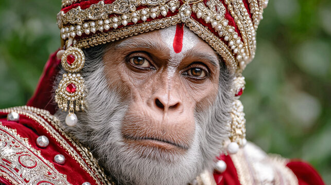 Representaci&oacute;n del dios hind&uacute; Hanuman con vestimenta ceremonial roja y dorada en primer plano