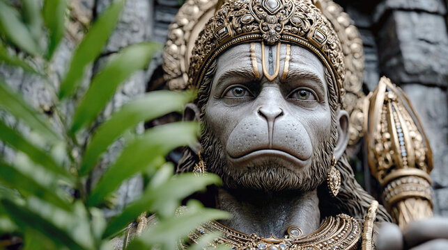 Estatua del dios Hanuman con corona dorada y maza sagrada entre vegetaci&oacute;n en templo de piedra