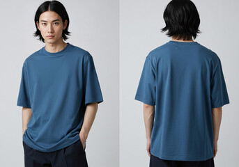 Oversize light blue T-shirt mockup front and back view on a male model