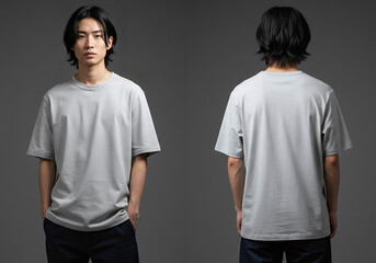 Oversize grey T-shirt mockup front and back view on a male model