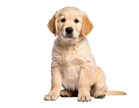 Cute Golden Labrador Retriever puppy sitting isolated on black background, front view