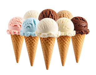 Five colorful ice cream cones arranged in a row on a black background