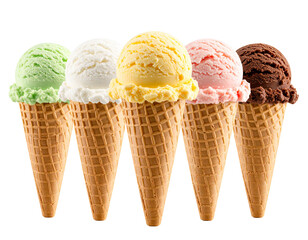 Five colorful ice cream cones arranged in a row on a black background