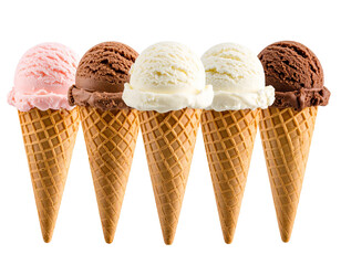 Five colorful ice cream cones arranged in a row on a black background