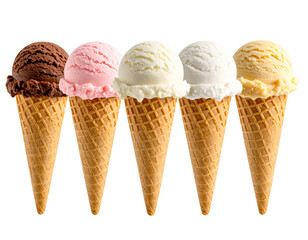 Five colorful ice cream cones arranged in a row on a black background