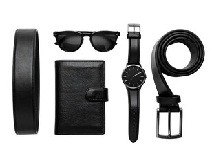 Brown leather wallet, aviator sunglasses, and wristwatch on a reflective black surface.