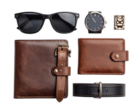 Brown leather wallet, aviator sunglasses, and wristwatch on a reflective black surface.
