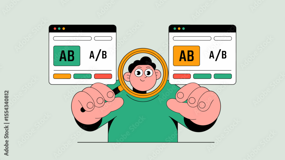 Poster marketing analyst performing a and b split test on websites with magnifying glass, vector illustrati
