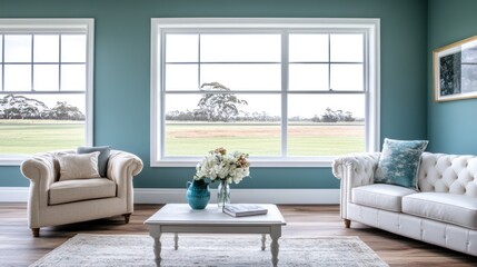 A tranquil living room with large windows showcasing a grassy landscape.