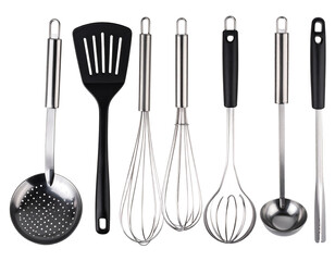 Transparent plastic spoons, knives and forks on black background. Clear disposable cutlery set. Top view