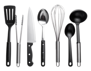 Transparent plastic spoons, knives and forks on black background. Clear disposable cutlery set. Top view