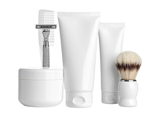 White skincare products with makeup brushes on black display
