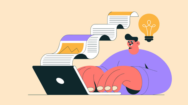content writer at laptop creating a long-form article with an idea lightbulb, vector illustration for content marketing, engaging blog creation and creative copywriting
