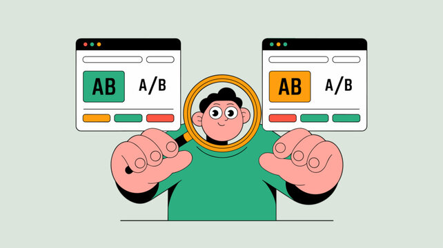 marketing analyst performing a and b split test on websites with magnifying glass, vector illustration for conversion rate optimization, user experience research and website performance analysis
