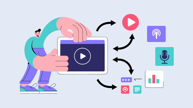content creator repurposing video on tablet for multiple platforms, vector illustration for content repurposing strategy, multimedia distribution and digital marketing
