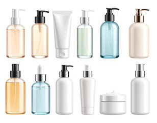 Blank cosmetic packaging mockup: tube, spray, bottle with press pump.