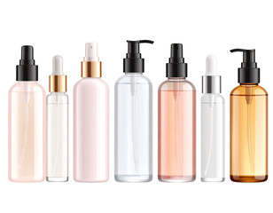 Blank cosmetic packaging mockup: tube, spray, bottle with press pump.