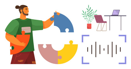 Man connecting colorful puzzle pieces, a minimal desk with laptop and chair, potted plant, and audio waveform suggesting problem-solving, creativity, collaboration, workplace ideas, and innovation