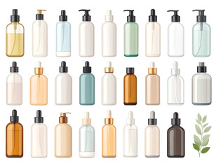 Blank cosmetic packaging mockup: tube, spray, bottle with press pump.