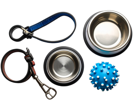 Dog accessories knolling style on yellow background.