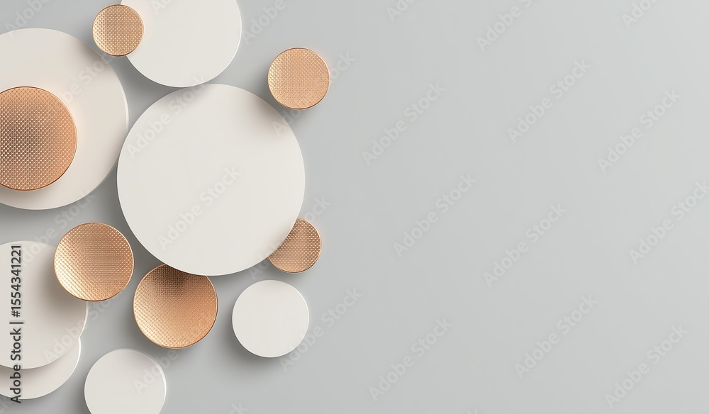 Poster abstract minimalistic background with white and copper metal circles on gray surface for product pre