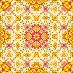 Fototapeta premium seamless floral pattern,flowers,jars,staffs,leaves,japanese lanterns with yellow as a background,created from curved lines in geometric patterns to sarong,tile,fabric and printed patterns.