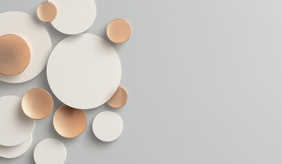 Abstract minimalistic background with white and copper metal circles on gray surface for product presentation branding mockup or modern design concept