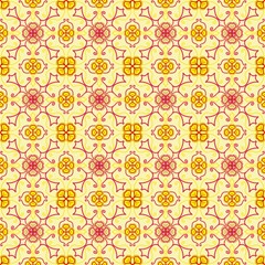 seamless floral pattern,flowers,jars,staffs,leaves,japanese lanterns with yellow as a background,created from curved lines in geometric patterns to sarong,tile,fabric and printed patterns.
