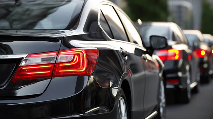 Sleek black cars lined up on an urban street with bright red taillights