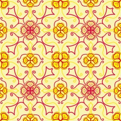 seamless floral pattern,flowers,jars,staffs,leaves,japanese lanterns with yellow as a background,created from curved lines in geometric patterns to sarong,tile,fabric and printed patterns.