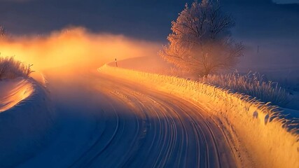Scenic winter sunrise illuminates a snow-covered road winding through a frosty landscape with trees. - Powered by Adobe