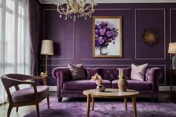 photo of a living room sofa with a modern theme, colorful, there is a small pot of flowers, the background of the sofa in the living room.