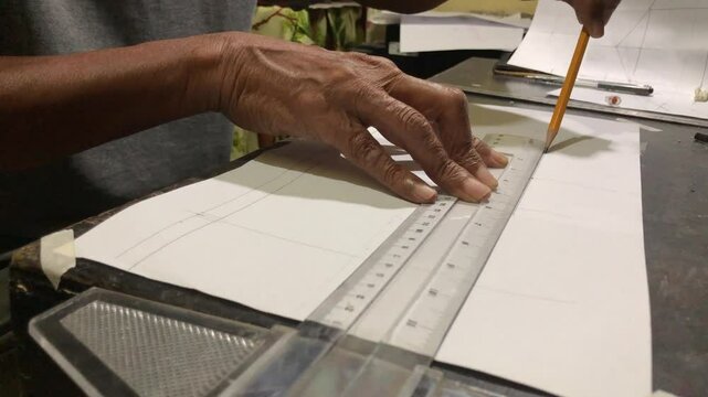 man is drafting a house plan using a pencil and T-square on a piece of bond paper at his desk.