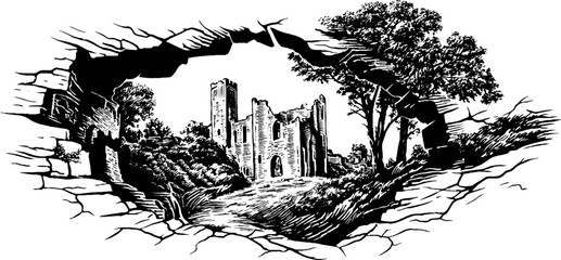 Enchanting ruined castle wall and mossy arch in vintage hand drawn style