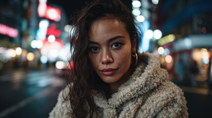An evocative portrait of a young woman in a stylish jacket, exuding confidence and strength, set against a vibrant city backdrop at night.