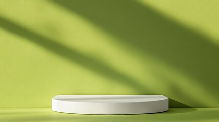 White half-circle podium on lime green background with sunlight shadows.