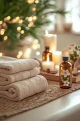a tranquil spa moment a minimalist massage table draped in soft beige linen, with a hand-folded towel pyramid, a carved wooden tray holding organic oil bottles, and delicate wellness elements like dri