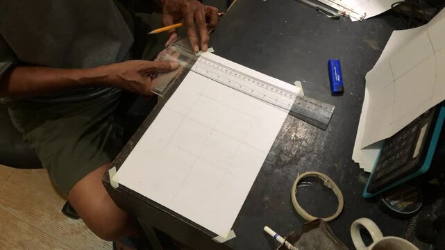 man is drafting a house plan using a pencil and T-square on a piece of bond paper at his desk.