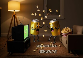 Two animated beer can characters watching football in a living room at home, celebrating Beer Day with popcorn.