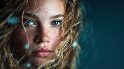 A stunning portrait of a young woman with captivating blue eyes and natural freckles, showcasing raw beauty and emotional depth in soft-lit tones.