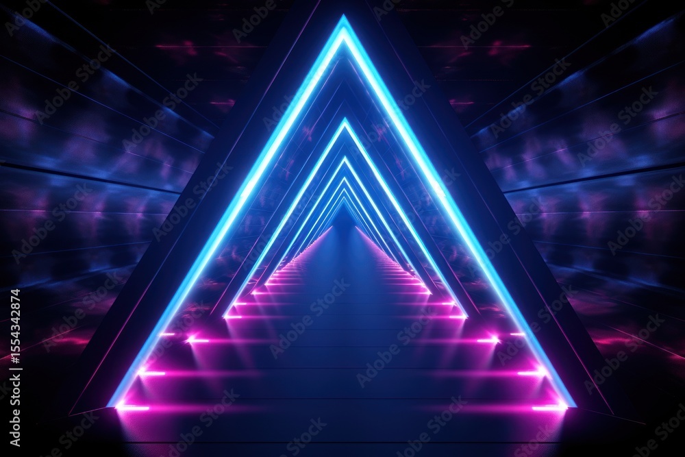 Poster technology light effect synthwave tunnel triangle grid vaporwave.