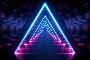 Naklejka premium Technology light effect synthwave tunnel triangle grid vaporwave.