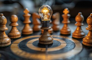 A chessboard with one piece replaced by a lit light bulb, used for corporate culture promotion and concepts of innovative thinking and goal focus.