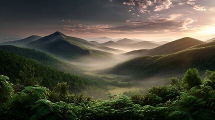 Obraz premium Misty hills sunrise in mountain landscape forest nature background green valley wallpaper