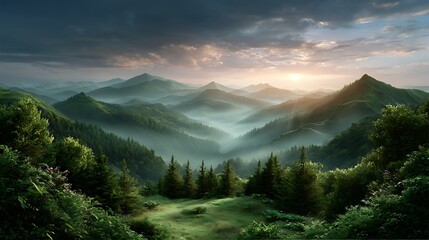 Breathtaking sunrise over misty hills and green valley forest nature background mountain landscape scenery