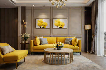 photo of a living room sofa with a modern theme, colorful, there is a small pot of flowers, the background of the sofa in the living room.