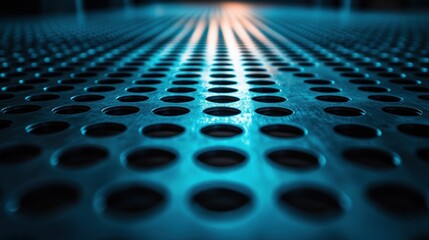 Perforated metal sheet, teal blue, circular holes, bright light, perspective